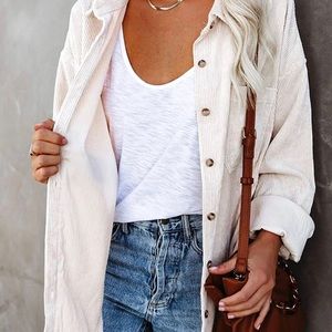 Oversized Womens Soft Cuffed Sleeve Corduroy Collar Shirt